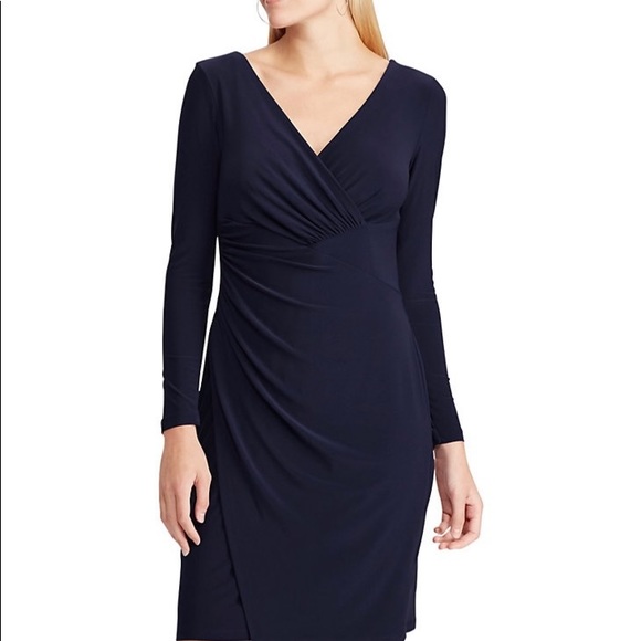 Women’s CHAPS Navy Shirred Faux-Wrap Dress - Picture 1 of 8